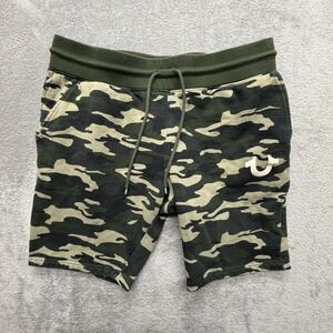 True Religion Shorts Mens Large Green Camo Fleece Sweat Drawstring Logo Pockets